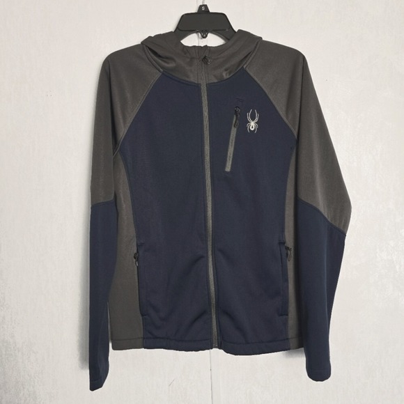 Spyder Men's Small Soft Shell Jacket Full Zip Hooded Navy Blue Gray Zip Pockets - Picture 2 of 11